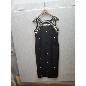 Vtg Black Sleeveless Ultra Dress W/Floral & Strawberry Embroidery Button Accents